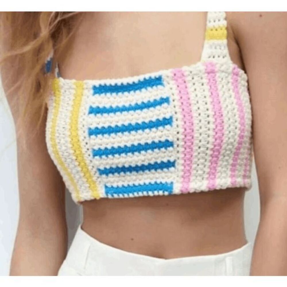 ZARA Crocheted Cotton Halter Crop Top Tank Pastel Blue Pink Yellow Size‎ Medium